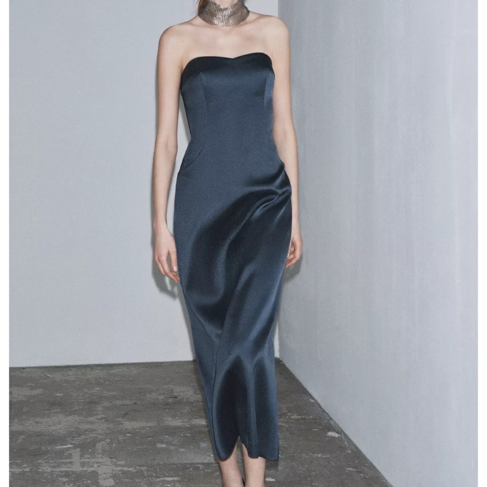 Zara satin effect strapless dress in blue size S 1758/622/407 - Picture 1 of 3